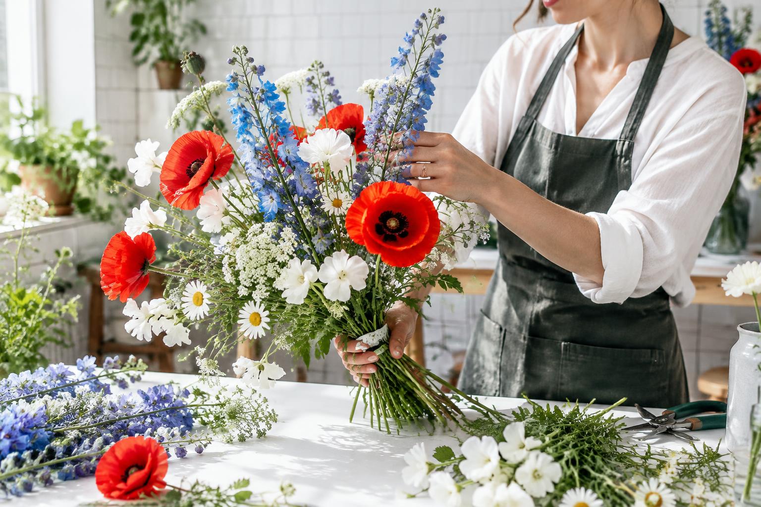 Florist arranging fresh flowers in a bright independent flower studio